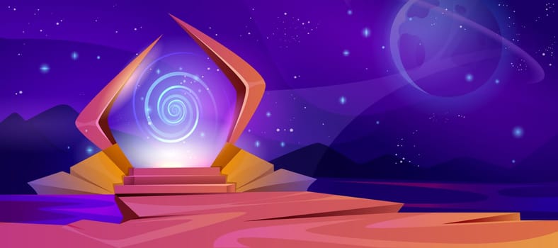 Cartoon magic portal with purple plasma light with swirl. Glowing plasmic entrance in frame on mountain under starry sky at night. Fantasy landscape with path and steps into alien world fantasy.