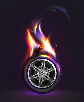 Vector 3d realistic car wheel on fire. Black tire in orange flames and sparks isolated on dark background. Burning automobile tyre in front view.
