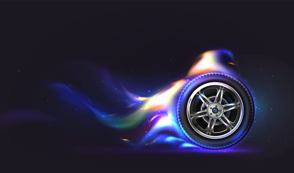 Vector 3d realistic rubber car wheel on fire in fast motion on road. Black tire in blue flames and sparks isolated on dark background. Burning automobile tyre in front view. Racing game or auto shop.