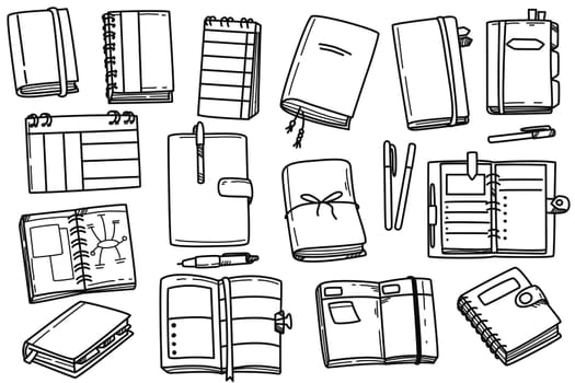 Doodle illustration set of notebooks, stationery and planners. Hand drawn icons of bullet journal, diary book and calendar. Graphic outline elements for writing isolated on white background.