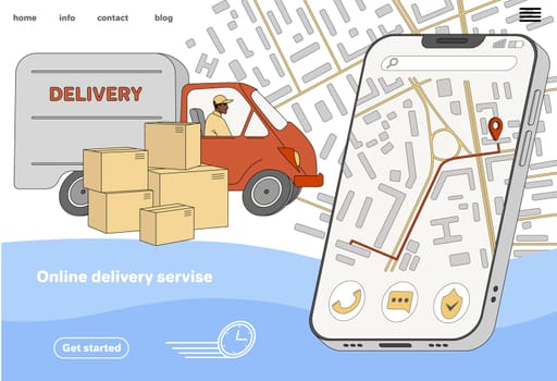 Mobile fast delivery service online app. Flat courier on van with boxes and road on mobile phone screen with city map and gps mark. Shipping tracking logistic. Landing page vector template.