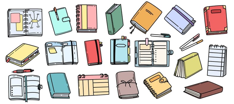 Doodle illustration set of colorful bullet journal, notebooks, stationery and planners. Hand drawn icons of diary book with stickers and calendar. Outline elements isolated on white background.