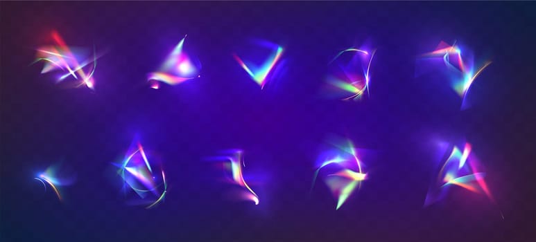 Prism light reflection from diamond or lens. Realistic set of bright iridescent glares, rainbow flares isolated on transparent background. Colorful spectrum rays with blur and glowing sparkles.