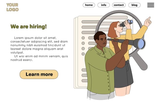 Flat hr managers with binoculars, magnifier and cv. Recruiters announce hiring staff, recruiting people or researching candidates. Vector landing page of hire employees. Business recruitment concept.