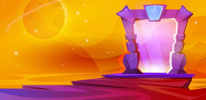Cartoon vector illustration of magic portal in stone frame with purple plasma light. Glowing plasmic entrance door to parallel world at yellow landscape background. Fantasy game scene.