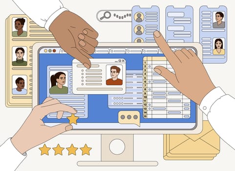 Flat hands of hr team research workers choose employees or new candidate for job. Hiring agency analysing CV resume, researching applicant for vacant work place. Talent search, recruitment process.