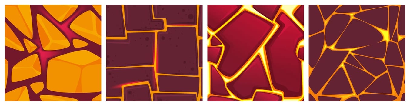 Cartoon top view backgrounds of liquid lava flows with stones or hot orange magma in ground cracks for game. Vector seamless patterns of volcano eruption, cracked rock with glow plasma inside.