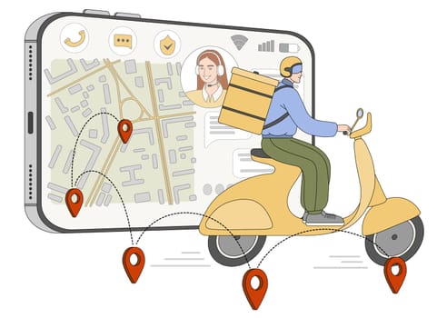 Fast delivery service. Flat courier with backpack on scooter delivers food, parcels or mails. Man on motorcycle and online shipping application smartphone with navigator pin or gps mark on city map.