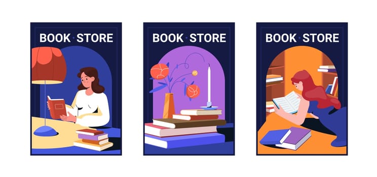 Book store banners with reading young woman and books stack. Vector advertising flyers or posters of bookstore with girl character studying literature and shelves. Education or library advertisement.