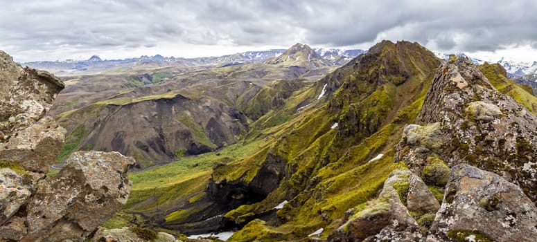 Panorama of magnificent Icelandic landscape arount Thorsmoerk in Iceland