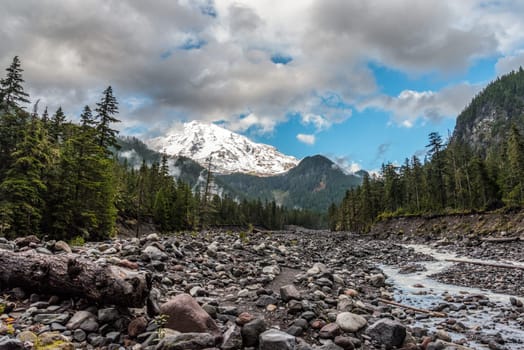 Great view on Mt Rainier from Nisqually river, USA