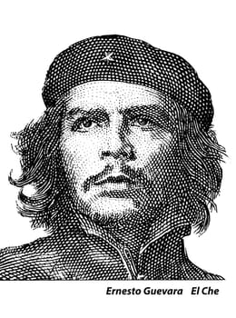 Portrait of Ernesto Che Guevara historical leader of Cuba on three peso banknotes, colored in black color isolated on white background