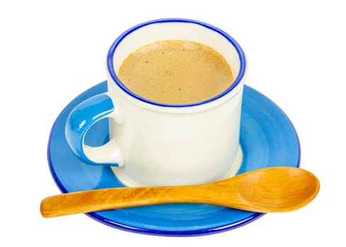 cup of coffee with boxwood spoon, on white background