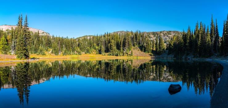 Scenic reflection from Shadow Lake in Mount Rainier National Park, USA