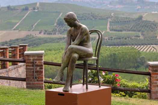Grinzane Cavour, Italy - Sept 8, 2022: Open air art installation with sculptures by Sergio Unia in the garden of Grinzane Cavour Castle. Piedmont, Italy