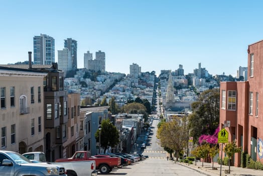 View of the San Francisco skyline from Lombard Street, USA