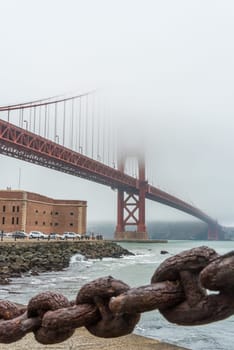Beautiful old link chain fence at the Golden Gate Bridge in San Francisco, USA