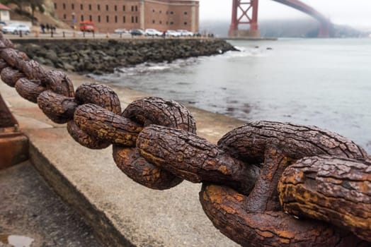 Beautiful old link chain fence at the Golden Gate Bridge in San Francisco, USA