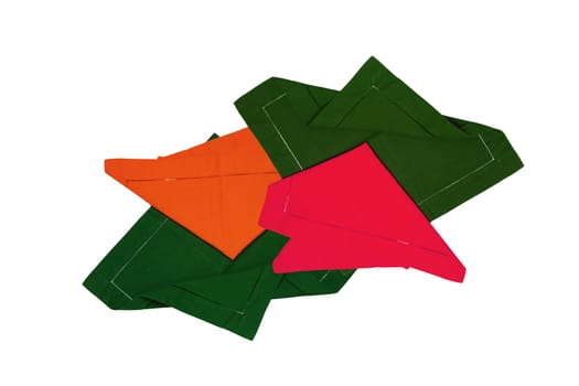 Collage set  of green, red and a orange napkin or tablecloth isolated on a white background. Kitchen accessories. Top view.