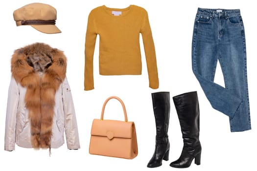 Collage set of autumn and winter clothes isolated. Female woman apparel collection. Girls fashion clothing outfit. Jacket with fur, jeans, sweater, boots, sneaker and bag.