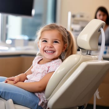 Child sitting in dentist's chair. AI generative.