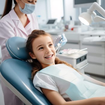 Child sitting in dentist's chair. AI generative.