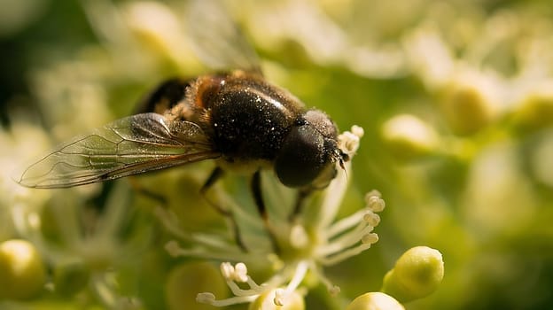 Honey bee on a flower collecting nectar. Macro shot in summer sunshine. Animal photo