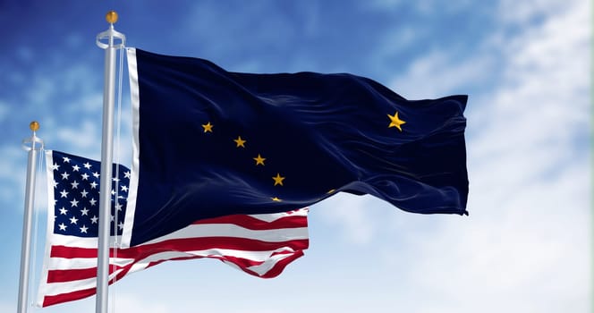 Alaska state flag waving in the wind with the national flag of the United States. Alaska flag is blue with Big Dipper and Polaris stars. 3d illustration render. Rippled fabric