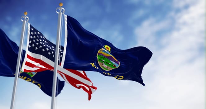 Kansas state flag and American flag waving in the wind on a clear day. Kansas is a state in the Midwestern United States. 3d illustration render. Rippled Fabric. Selective focus