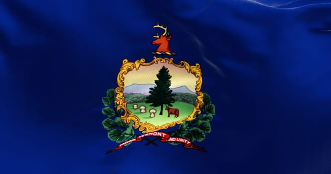 Close-up of Vermont state flag waving in the wind. Blue background with State coat of arms and motto. 3d illustration render. Fluttering fabric.Textured background