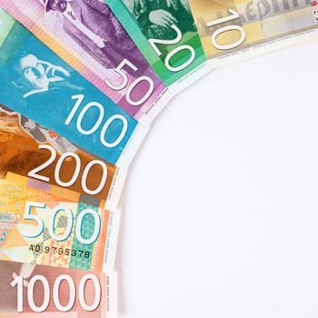 Colorful Serbian dinar banknotes, paper currency, money on white background.