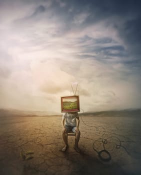 Person with TV monitor instead his head sitting in the middle of a dry land showing green nature scenes on the screen. Environmental and climate change concept, consequences of global warming