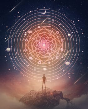 Marvelous scene with a person on the top of a mountain watching the astrological wheel projection on the starry night sky. Zodiac signs, magical horoscope symbols