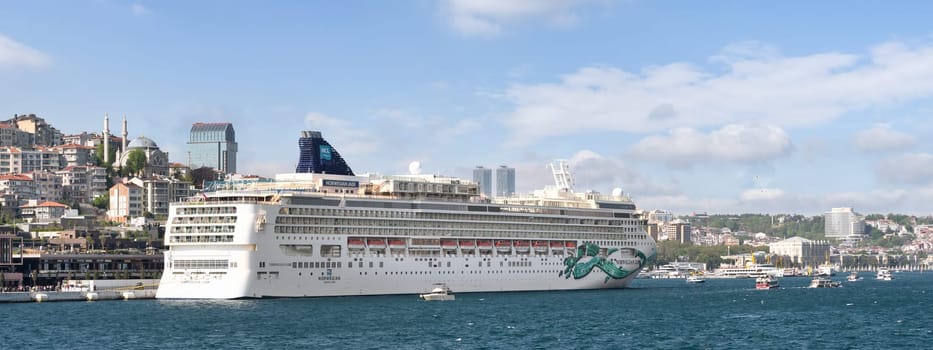 Norwegian Jade, Huge cruise ship docked at Galataport terminal along the Bosphorus, in Karakoy neighbourhood, Istanbul, Turkey