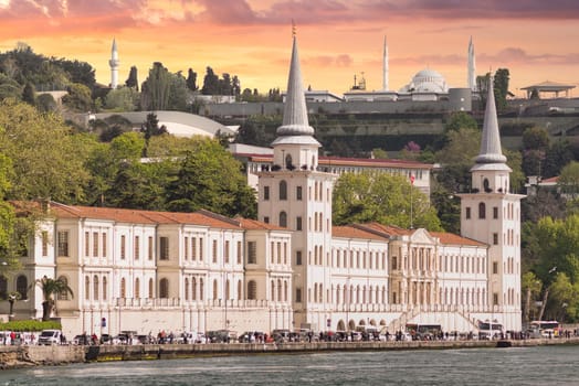 Istanbul, Turkey - May 8, 2023: Kuleli Military High School, or Kuleli Askeri Lisesi, on shore of Bosphorus strait near to Bosphorus bridge before sunset