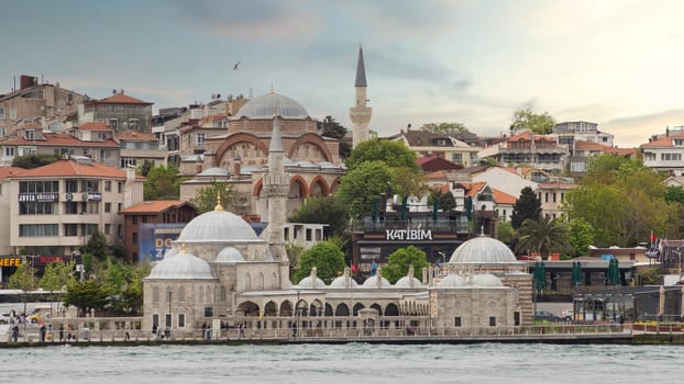 Istanbul, Turkey - May 10, 2023: Semsi Pasha Mosque, an Ottoman mosque located in the district of Uskudar, on the Asian side of Bosphorus Strait, with Rum Mehmed Pasha Mosque in the far end