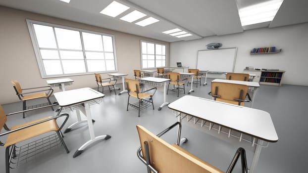 Rows of student desks inside the classroom. 3D illustration.