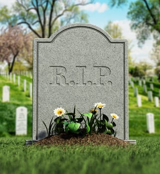 Gravestone with soil and flowers in the cemetery. 3D illustration.