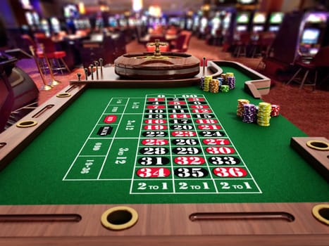 Roulette table with casino chips in the casino. 3D illustration.