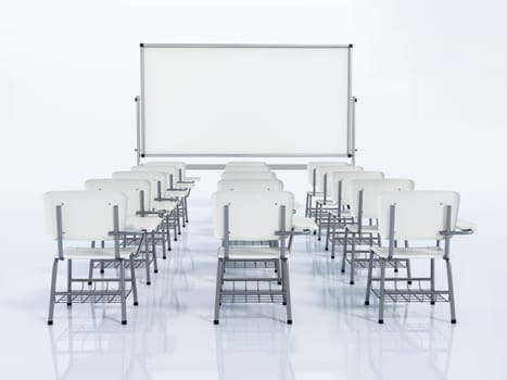 Rows of student desks and whiteboard isolated on white background. 3D illustration.
