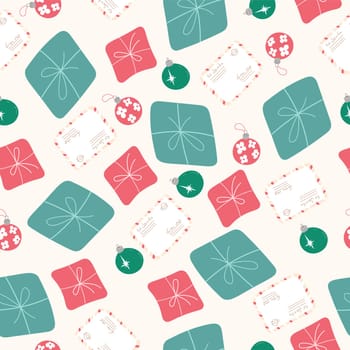 Christmas and Happy New Year seamless pattern with Christmas toys and gifts. Trendy retro style