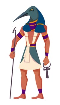 Ancient egyptian god Thoth with head of ibis flat vector illustration. Deity of moon, knowledge, sciences and wisdom isolated on white background. Antique mythological character from history, religion
