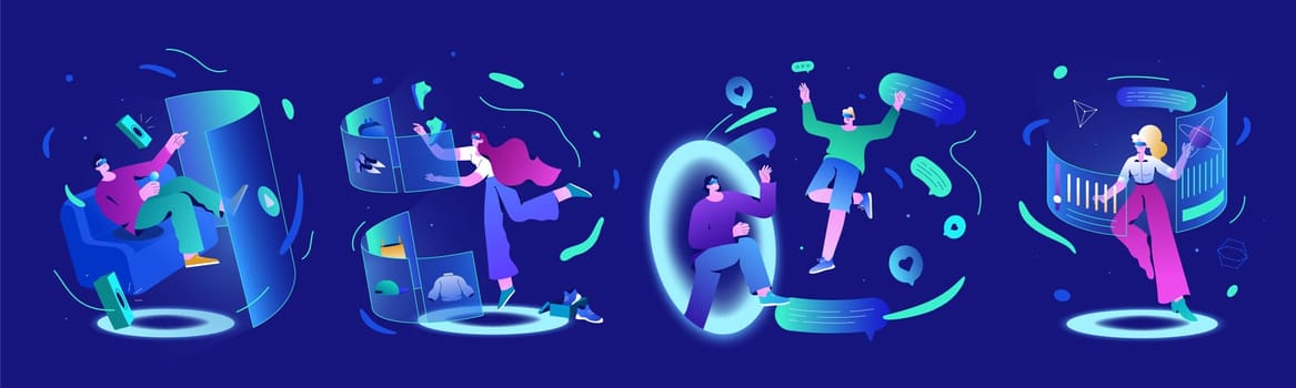 Metaverse game tech vector illustration. People use virtual reality glasses for games, learning, shopping. Man and woman in futuristic interface 3d hologram data. Future innovations, vr communication.