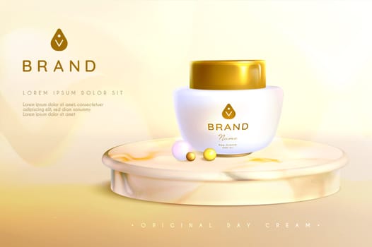 Pearl cosmetics, vector realistic advertising poster. Jar with golden lid on round marble podium stage. Mock up promo banner with luxury packaging for cosmetic anti-aging product next precious pearls.