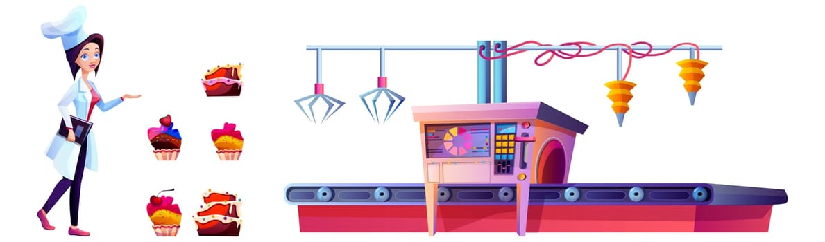 Confectioner on candy factory and cake production line isolated on white background. Cartoon conveyor belt with confectionery products and cupcakes. Manufacturing process of sweet food cooking.