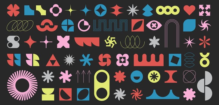 Set of geometric brutalism shape graphic design. Colorful figures, retro simple form abstract vector elements. Brutalist bauhaus contemporary, minimal symbols with circle, star, flower and grid lines