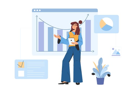 Digital data analysis and graphic design statistical for business finance investment. Flat woman office worker analyzing statistical information, charts and graphs at dashboard.