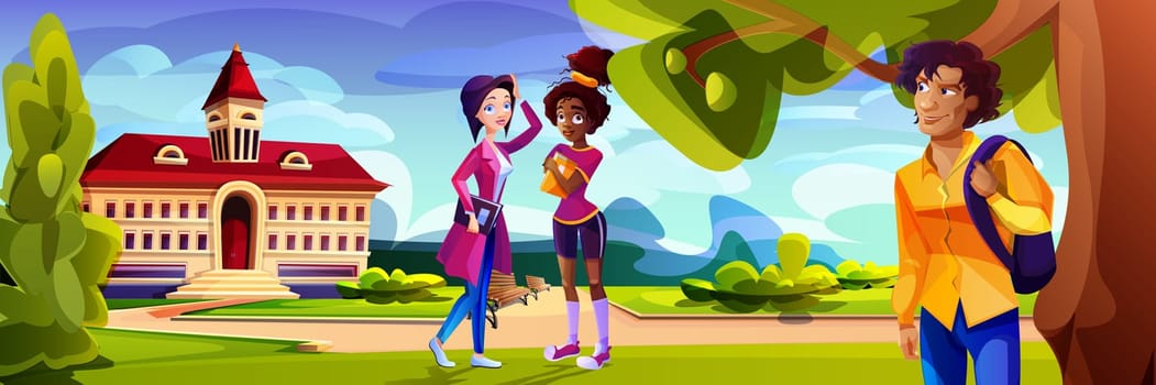 Vector cartoon students in front of college campus building at green yard. Landscape with education house of university and multiracial teenagers. Young characters near high school or public library.