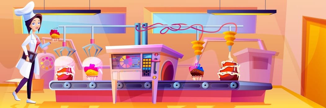 Cartoon confectioner on candy factory control cake production on conveyor belt. Desserts and cupcakes moving on line with automation system. Manufacturing process of sweet food cooking and decorating.
