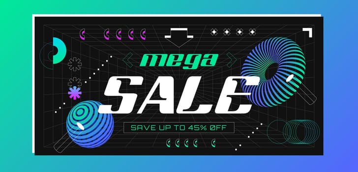 Retrofuturistic sale banner with abstract 3d wireframes geometry objects from line grid. Futuristic promotion template design with geometric shapes in vaporwave style. Discount, special offer concept.
